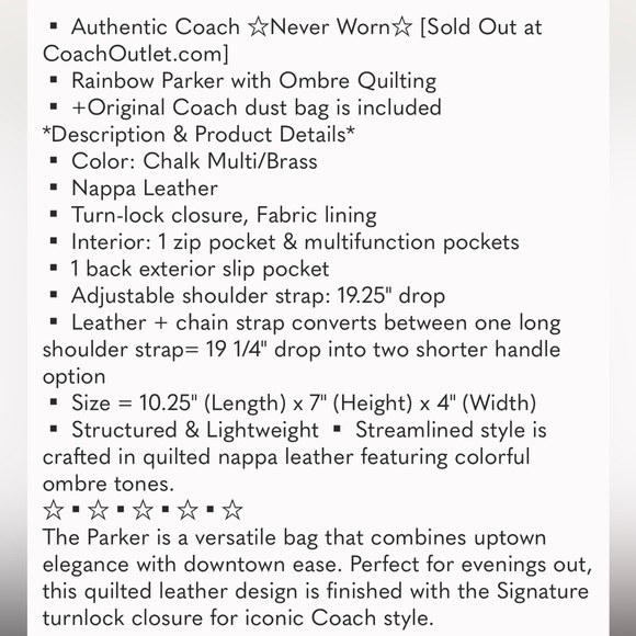 NWOT Coach ▪︎ Limited Edition ▪︎ Rainbow Parker w Ombre Quilting ▪︎ Never Worn - Picture 12 of 16